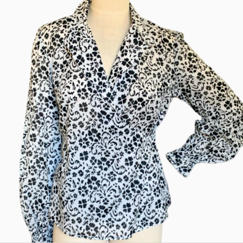 VTG Oscar de la Renta‎ White/Black Floral Wrap Blouse Sz M #88M